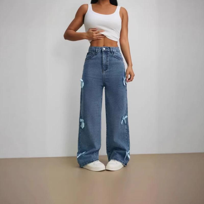 Women's Straight Leg Jeans Slimming Casual Pants Stylish Bow-tie Jeans Loose Straight Leg Wide-leg Trousers