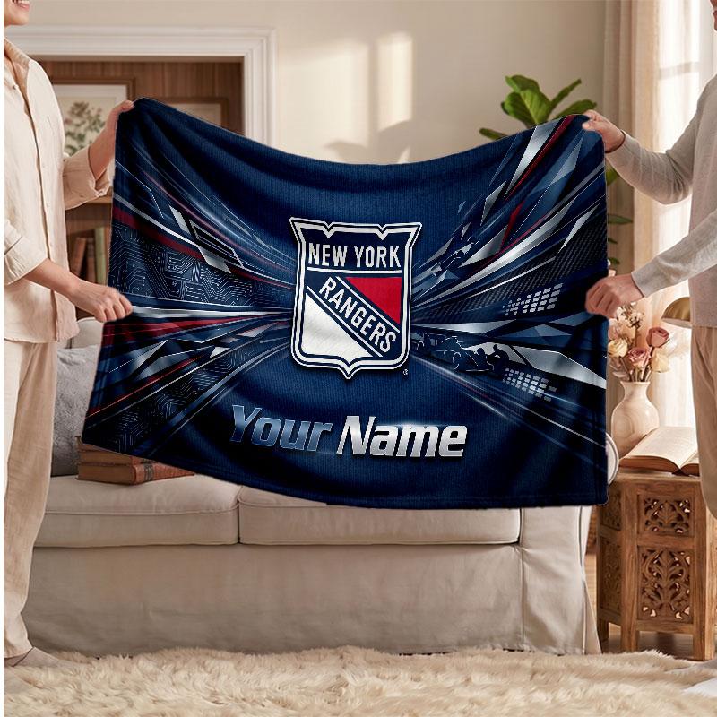New York Rangers Flannel Blanket, Custom Name Text Personalized Soft Throw Blanket Home Decor Gift