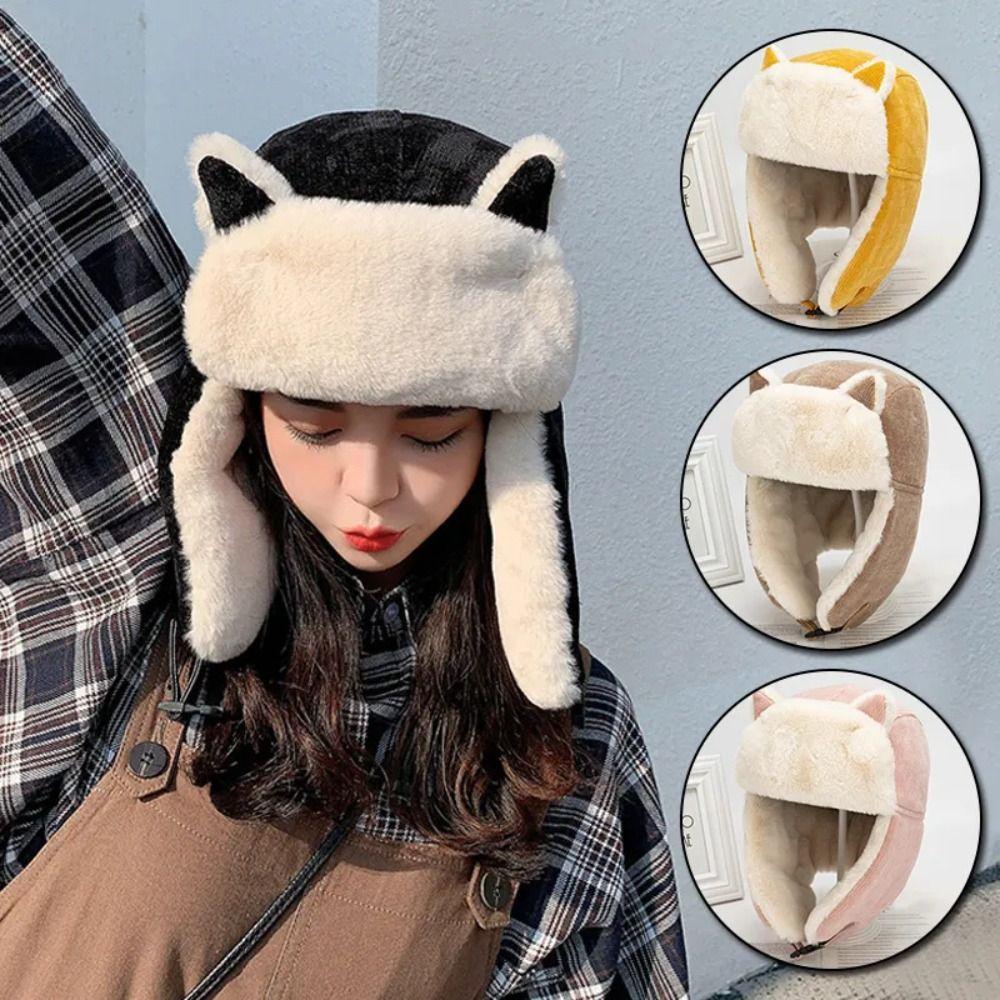Thickened Ear-flapped Hat Cat Ear Earmuffs Hat Kawaii Lamb Beanie  Female