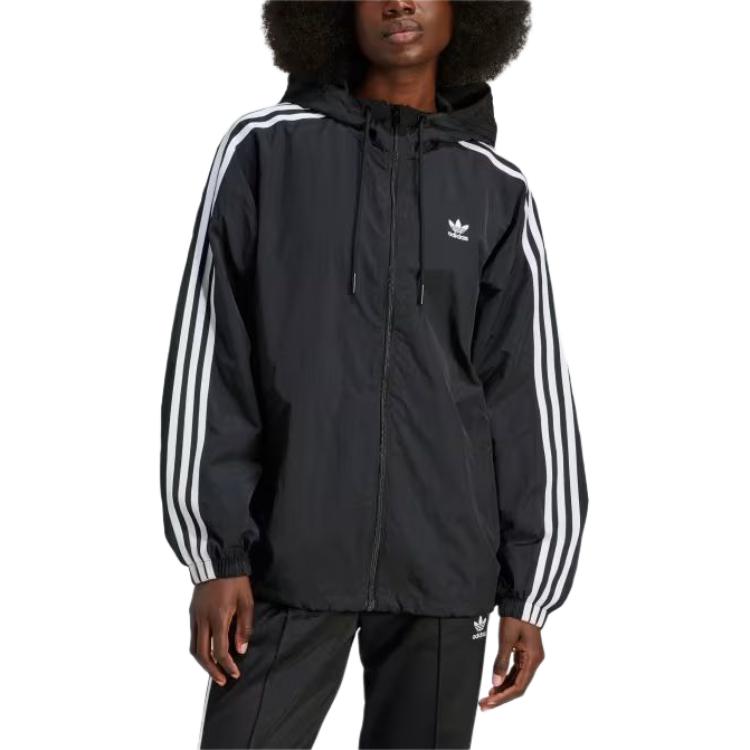 adidas Side Stripe Casual Sports Zip-Up Hooded Jacket Women Outerwear Black IR8095