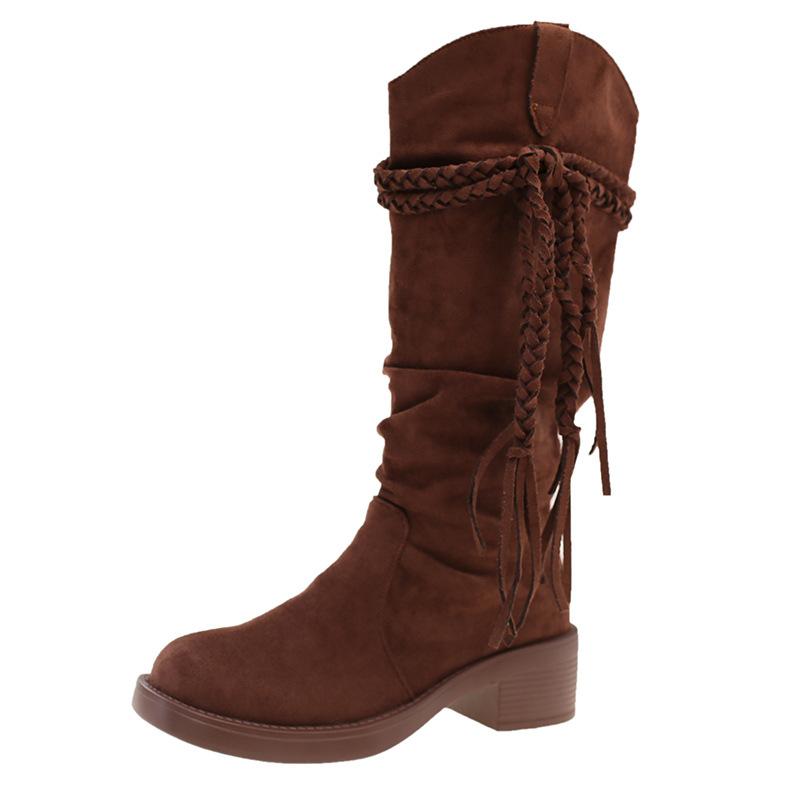 Braided rope wasteland autumn and winter women's high knee wind fringed boots slender new fashion suede but boots