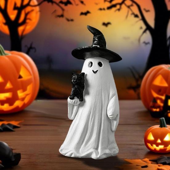 Halloweenská figurka duch Bílý duch držící dýni Kočka Strašidelná pryskyřičná ozdoba Rytá Halloweenská dekorace