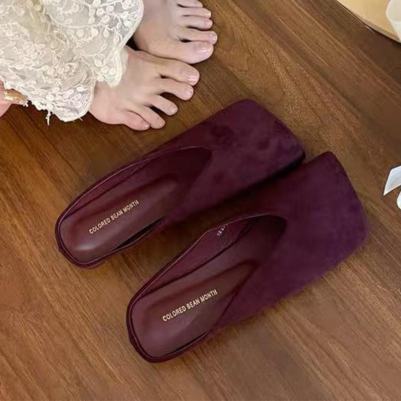 

Fashion Women Slippers Flats Square Toe Slingback Mules Shoes Suede Fashion Dress Designer Shoes 2025 Autumn New Cozy Chaussure Femme 35 вино красного