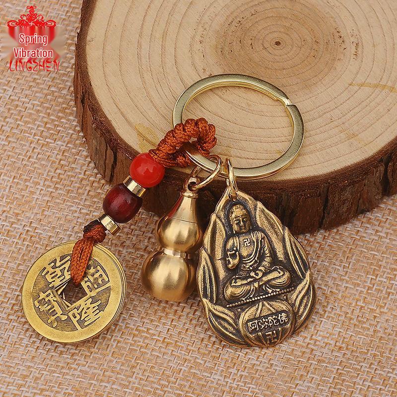 Zodiak Benming Buddha Nyckelring med Åtta Skyddsgudar & Fem Kejsarmynt Ihålig Kalebass Design