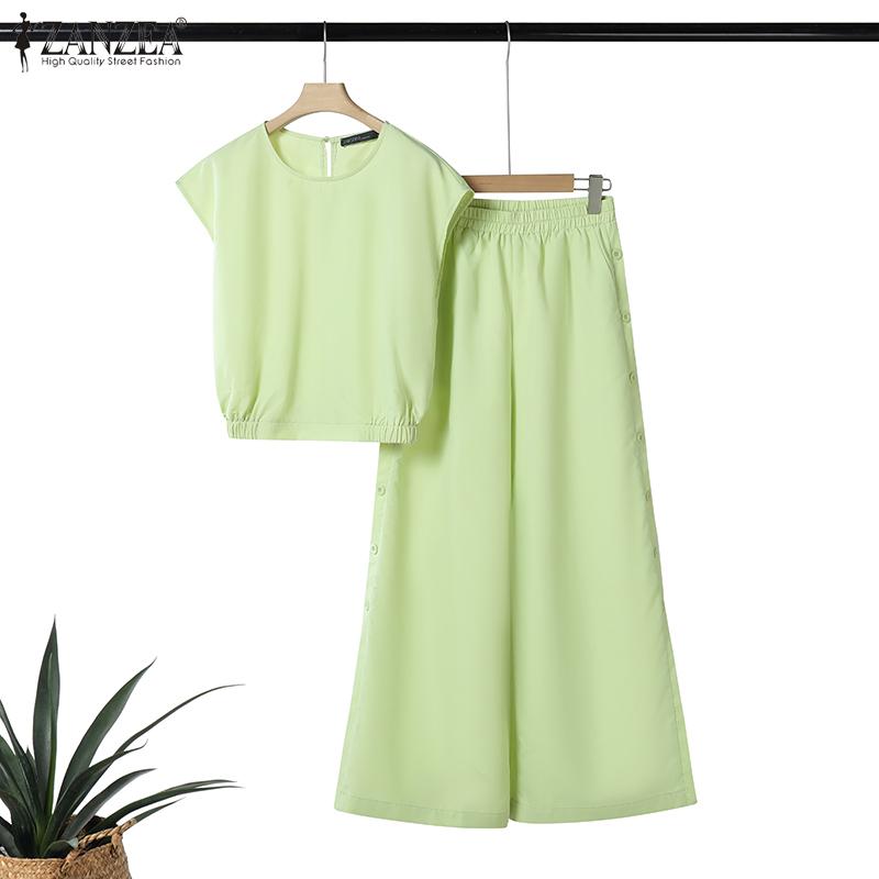 ZANZEA Women Short Sleeve Blouse and Pants Casual Two Piece Suit Sets