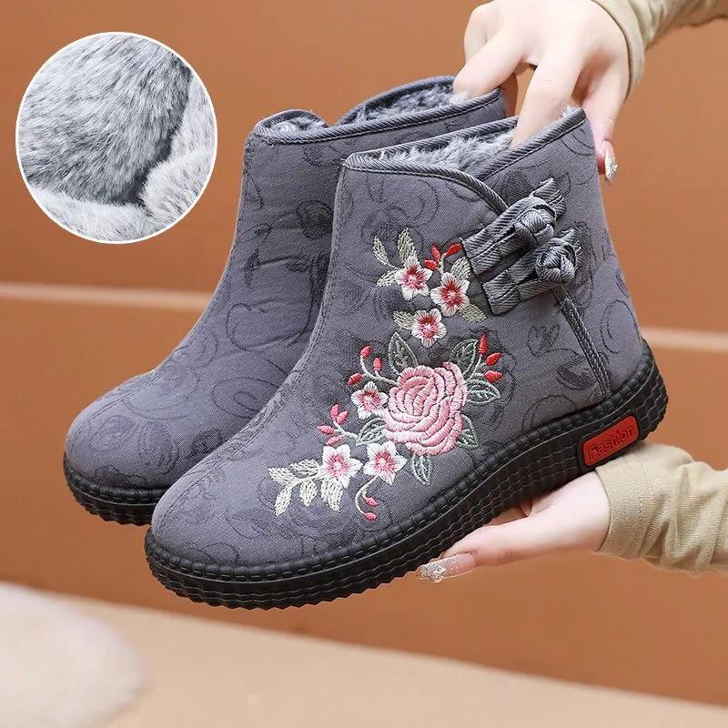 Winter Ethnic Style Embroidered High Boots Warm Non-Slip Soft-Soled Cotton Shoes for Elderly