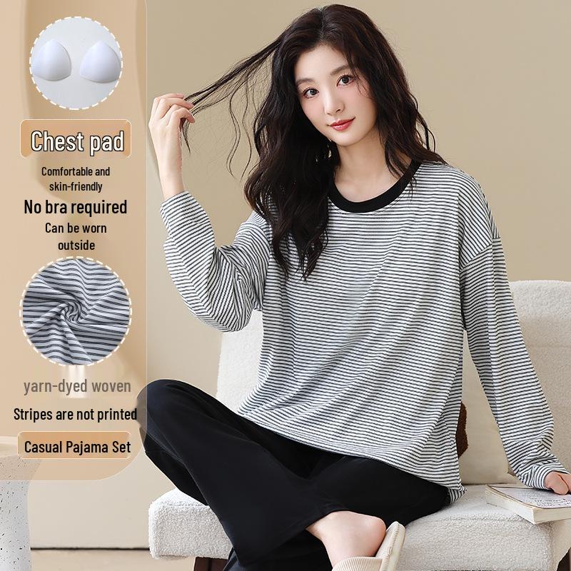 Pyjama d'automne pour femme à col rond rayé à manches longues avec coussinets de poitrine - Ensemble décontracté grande taille pour la maison et l'extérieur