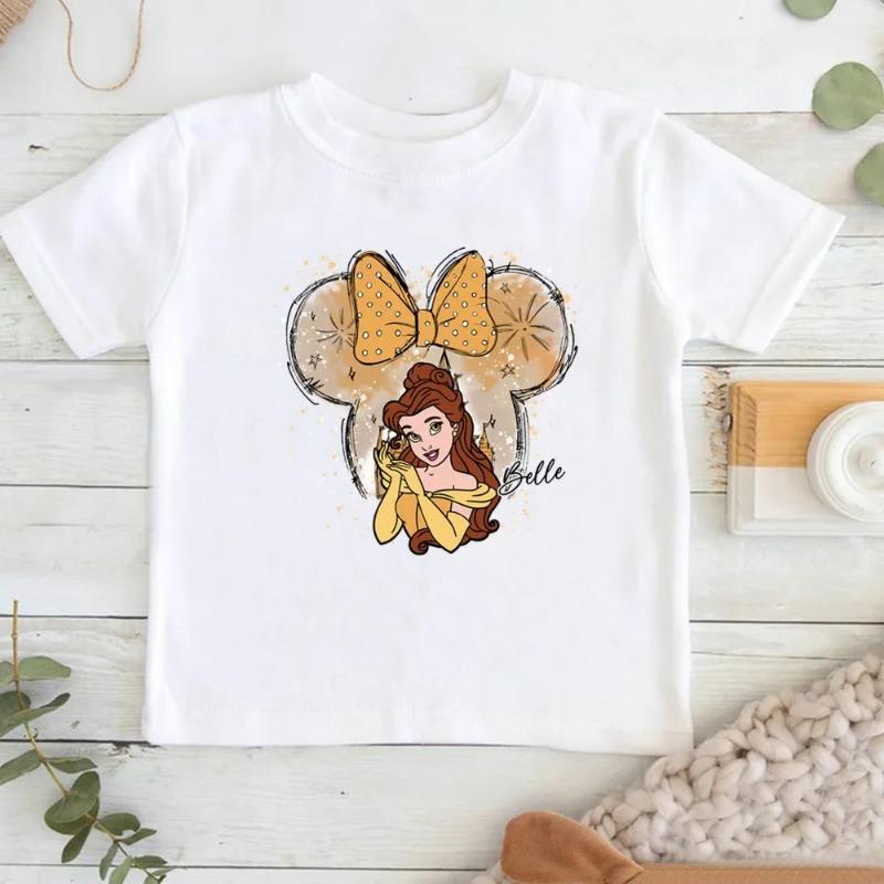 Disney Child Belle Princess Kawaii Printed T-shirt Baby Girl 100%cotton Soft Cartoon Clothing Cute Graphic Tops Kids Funny Tees