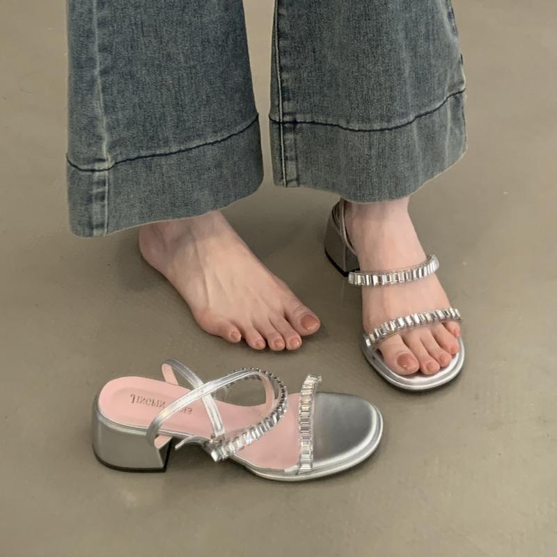 Fashion Women's Summer Gladiator Sandals Fashionable Crystal Narrow Band Footwear Ladies Thick Heel Sandalias