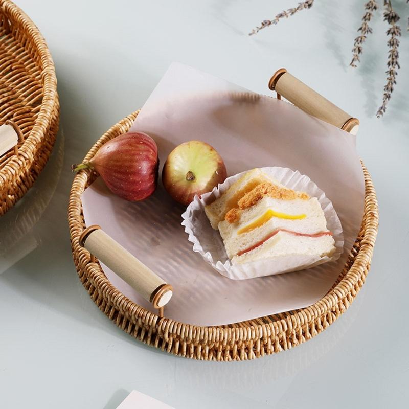 Hand-woven Storage Basket Rattan Tray for Countertop Shelves Fruit Tea Snack Bread Basket with Handle Kitchen Bedroom