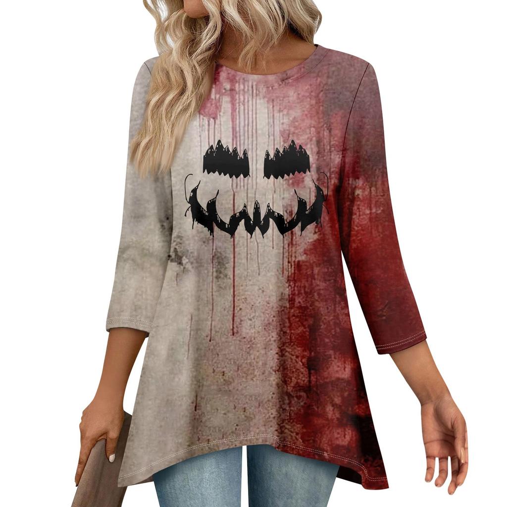 Tunic Tops For Women Loose Fit Prints Tops 3/4 Length Sleeve Womens Tops With Asymmetrical Hem
