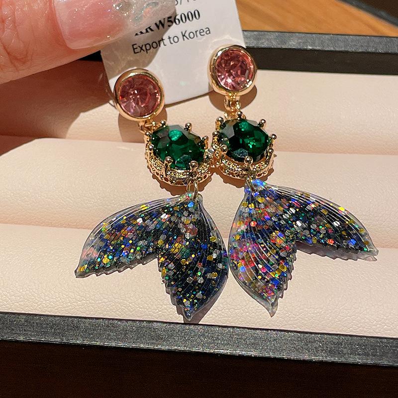 Silver Needle Color Diamond Fish Tail Earrings Niche Creative Design Earrings Fashion Light Luxury High-end Earrings