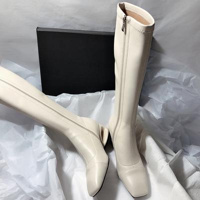 Vintage Low Heel Woman Knee High Boots Shoes Ladies Elegant Square Toe Knight Booties