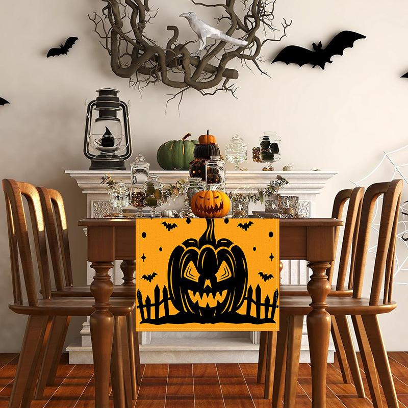 1pc Orenge Halloween Table Runner with Pumpkin Bat Pattern Dustproof Durable Tablecloth for Halloween Themed Party Decoration