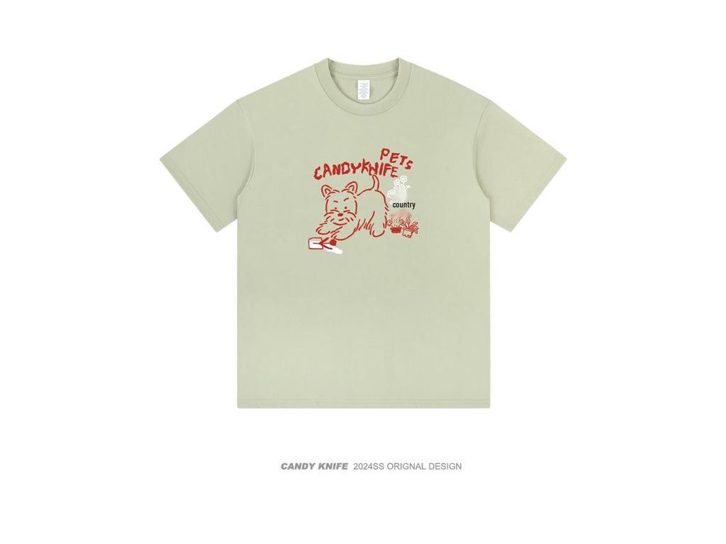 2024 Summer Women's Slimming Puppy Print Short Sleeve T-Shirt with Niche Drop Shoulder & Small Neckline Design