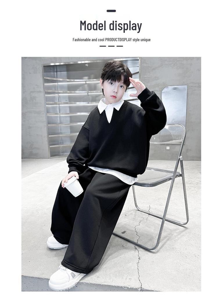2025 Boys' Spring & Autumn Two-Piece Set - Fashionable Shirt Collar & Knitted Design