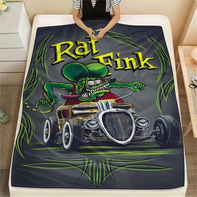 1PC Rat Fink Print Flannel Blanket, High Quality All Seasons, Home Decor, Warmth and Comfort, Perfect for Christmas Gifts