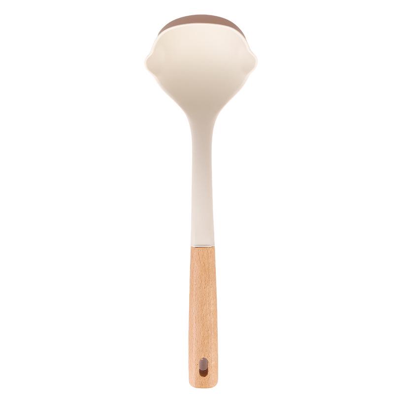 Wooden Handle Silicone Kitchenware Set: Non-stick Spatula & Ladle, High-Temp Resistant Cooking Tools.