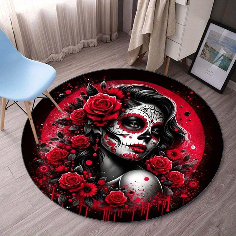 

Day of the Dead Sugar Skull Round Rug Crystal Velvet Gothic Art Red Rose Design Floor Mat Halloween Decor Mexican Culture Carpet 60cm