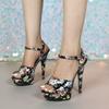 Fashion 13CM High Heeled Sandals Flower Print Ankle Strap Women's Platform Sandalias Fashion Party Dress Tacones Size 34-43 Heels Women