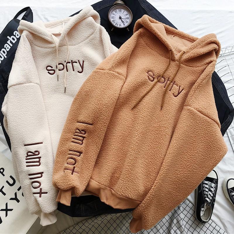 Womens Fleece-Lined Hooded Sweatshirt With Embroidery Thick Warm Oversized Pullover Winter College Style