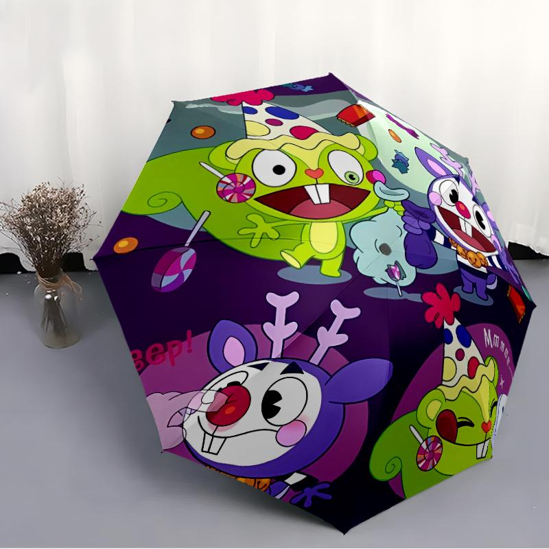 Happy Tree Friends3 Print Automatic Umbrella, 8 Rib Iron Frame, Plastic Handle, Suitable for Outdoor Travel &Daily , Ideal Gift