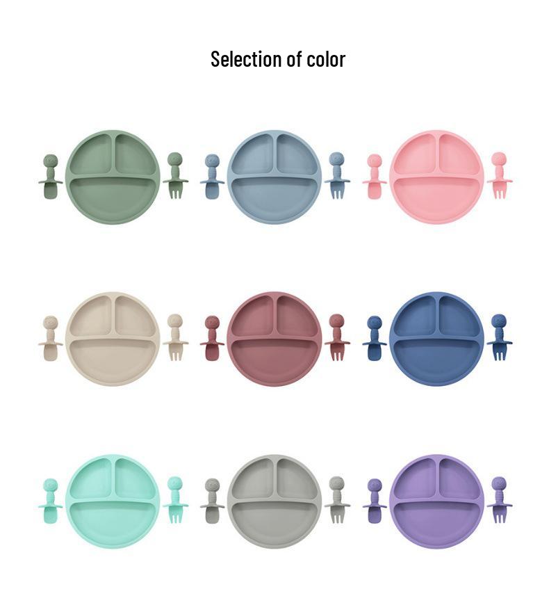 Children's Silicone Divided Plate & Cartoon Bear Spoon Fork Set - Drop-Proof Infant Feeding Tableware