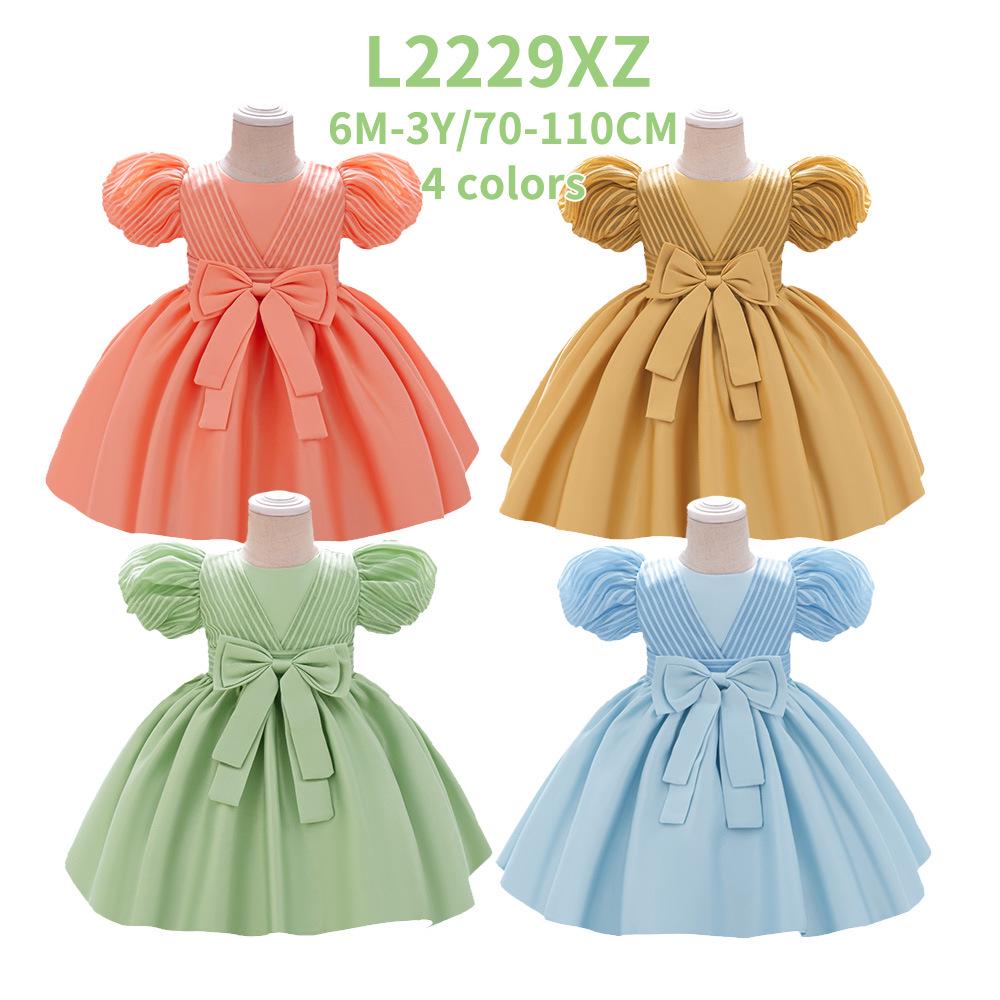 2025 Dívčí kojenecké princeznovské šaty k prvním narozeninám - Saténové s nabíranými rukávy a pruhovaným designem s mašlí