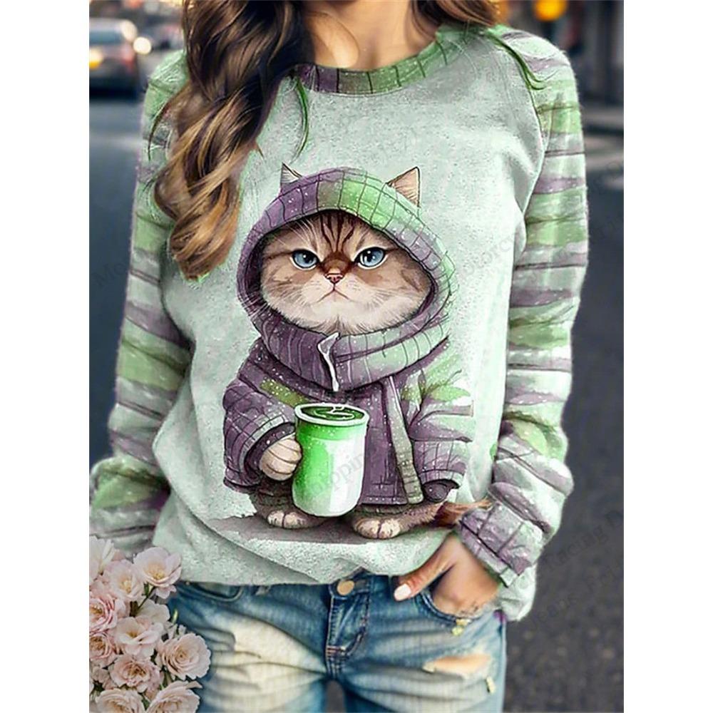 Lustige Cartoon-Katzen 3D-gedruckte Sweatshirts für Damen, modische Tier-Sweatshirts mit Rundhalsausschnitt für Damen, lässige Langarmbekleidung