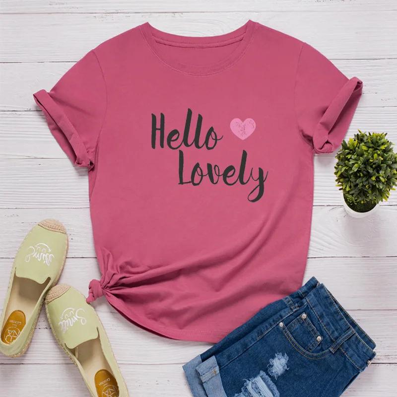 Hello Lovely Heart Print Women T Shirt Short Sleeve O Neck Loose Women Tshirt Ladies Tee Shirt Tops Clothes Camisetas Mujer