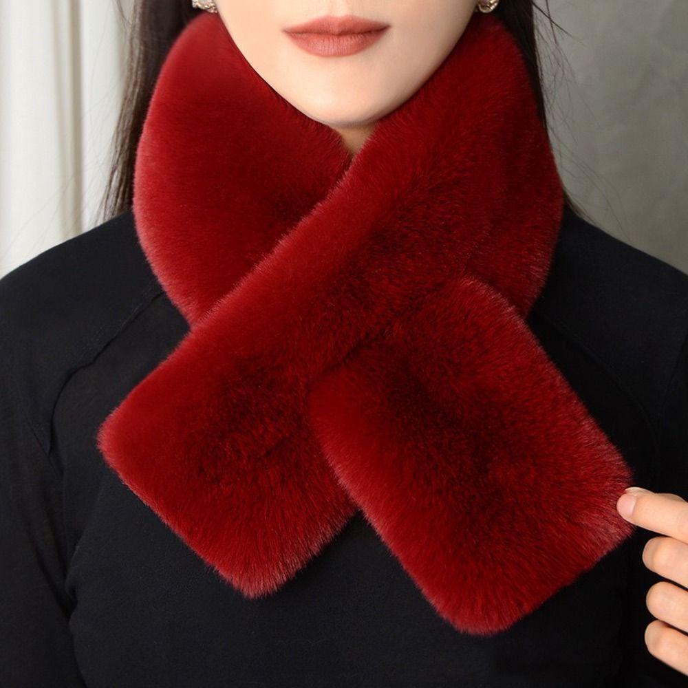 Winter Warm Plush Cross Scarf Thickened Soft Neckerchief Wrap Solid Color Faux Rabbit Fur Scarf Autumn Winter