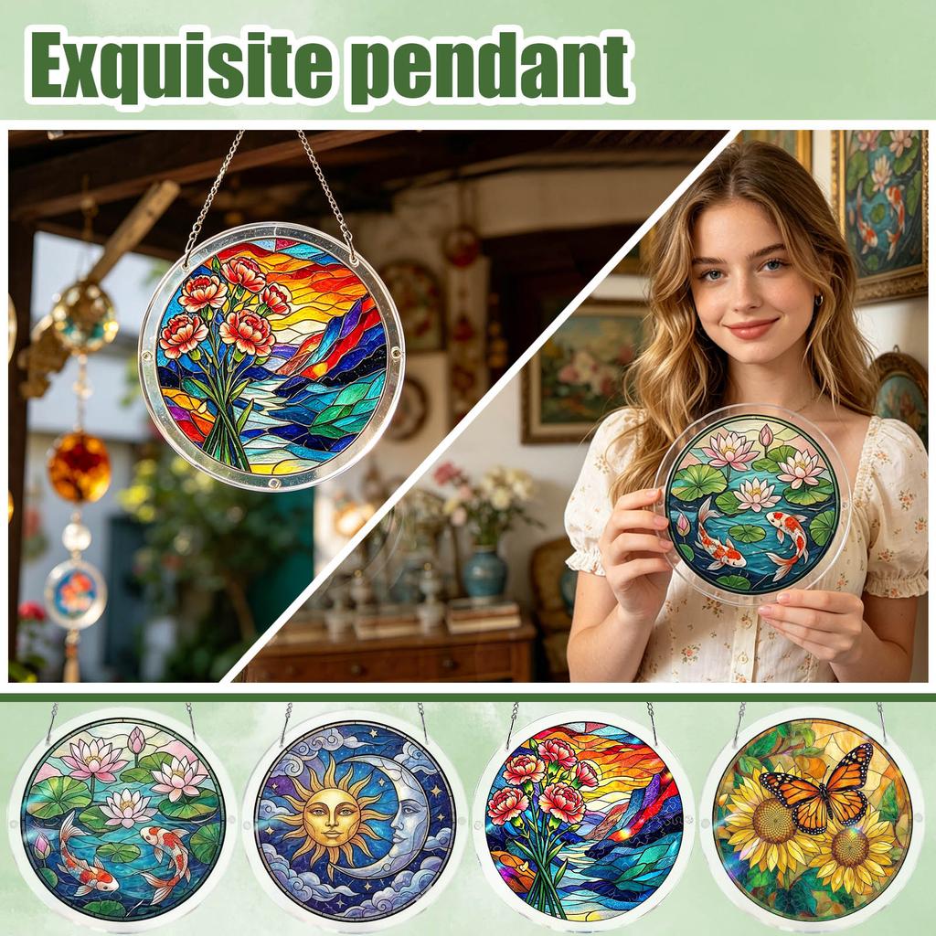 Round Stained Glass Panel with Floral and Landscape Pattern Suncatcher Window Hanging Decoration for Home and Office