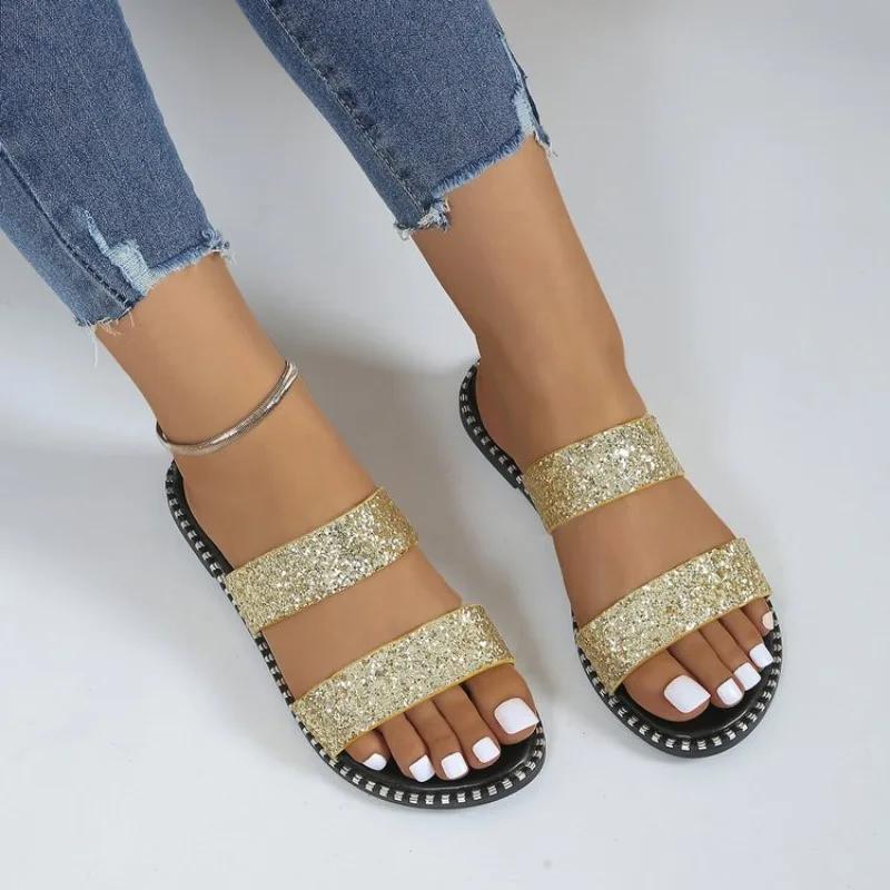 Sandale de vară pentru femei Sandale plate Sparkle Strass Slide La modă pentru femei de plajă Sparkly Dressy Slip on Bling Casual Pantofi