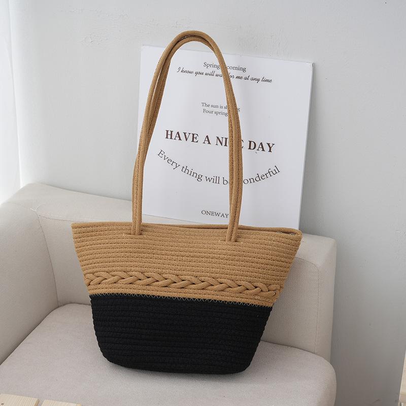 

Двухцветная хлопковая веревка, плетеная вручную, нишевый дизайн, пляжная сумка, высокое качество, летняя универсальная сумка через плечо, женская 24*9*24