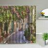 Waterproof Shower Curtain Set Flowers Arch Bridge Landscape Home Decor Bathroom Curtain Polyester Fabric Background Wall Decor