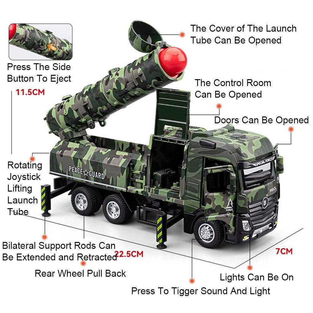 1:32 Scale Missile Truck Toy Model Car Rocket Launcher Vehicle Metal Diecast Sound Light Pull Back Military Models Boys Gifts