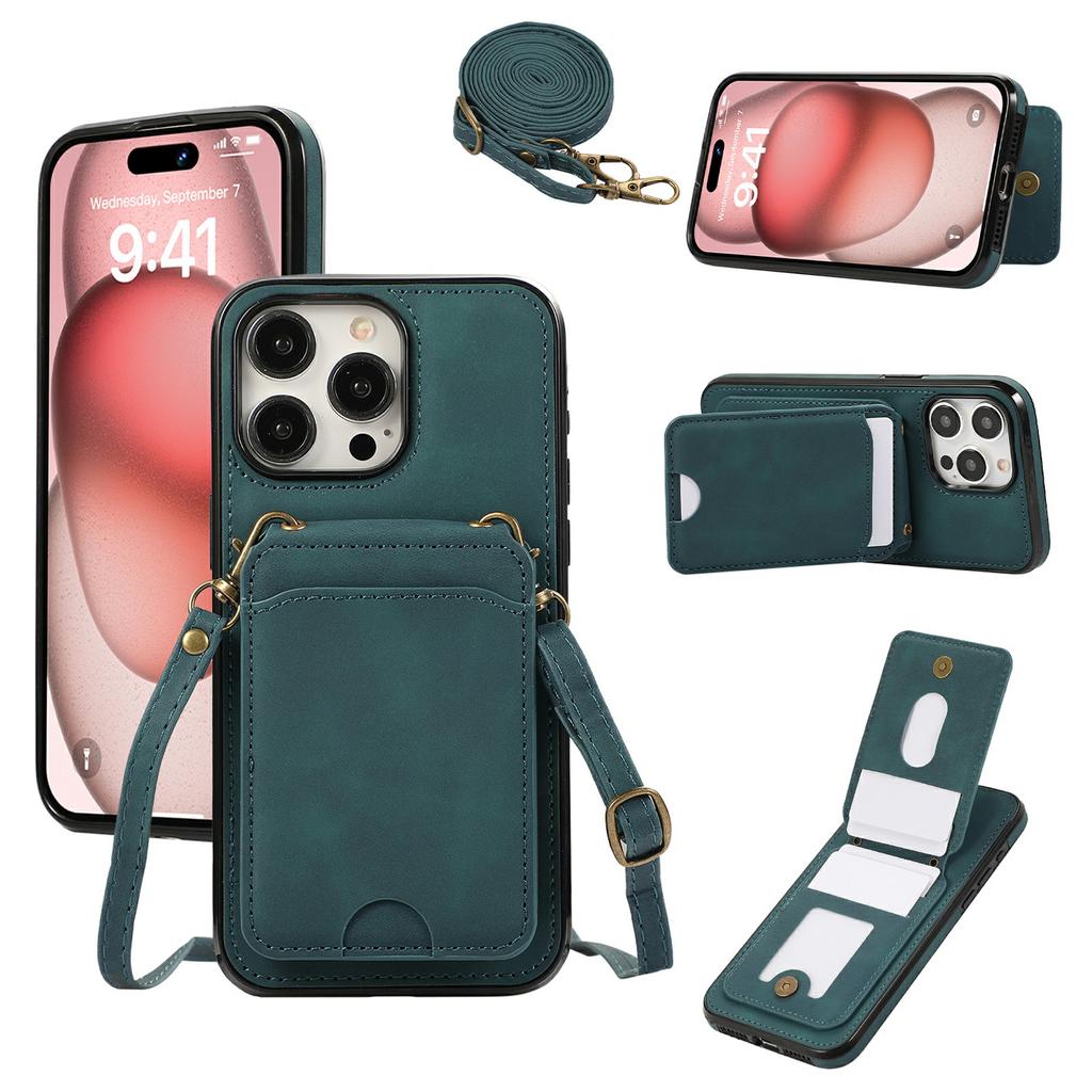 For iPhone 16 Pro Case Card Holder Kickstand Leather+TPU Phone Cover with Shoulder Strap