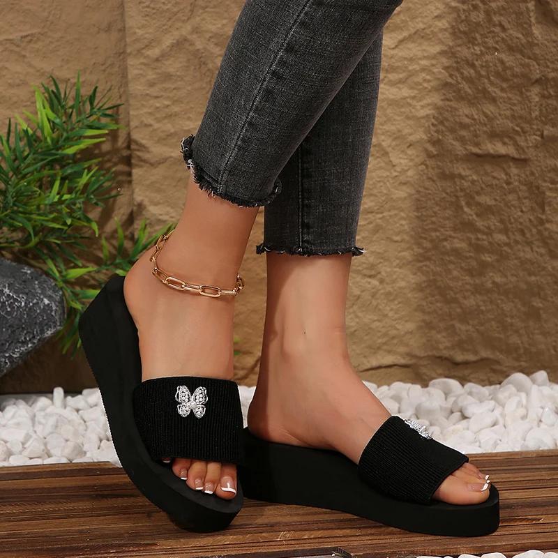 Fashion Fashion Bow Sequins Platform Slippers Women Summer Thick Bottom Med Heel Slides Female New Elastic Band Wedge Slippers Mujer
