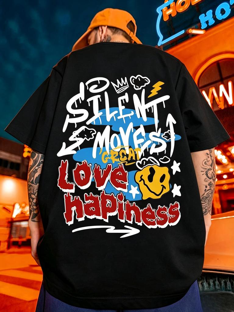 new Unisexs summer smiley face letter graffiti print micro elastic breathable round neck Tshirt outdoor urban casual top