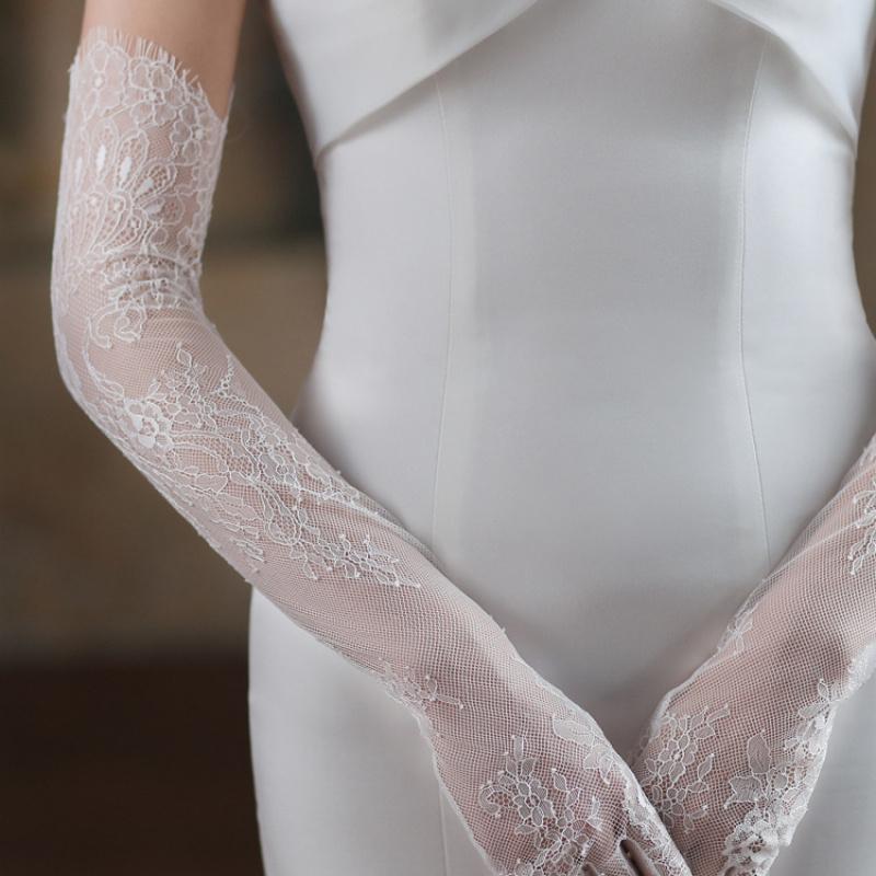 Femme Blanc Dentelle Fin Broderie Florale Long Gants Esthétiques Haute Qualité Respirant Doux Étiquette Performance Scénique