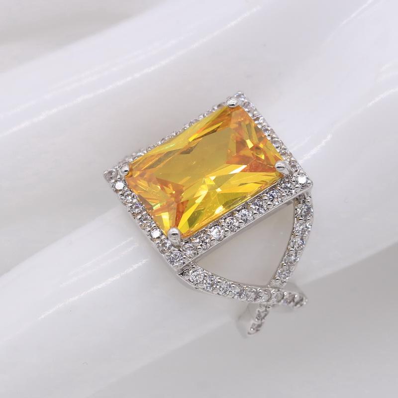 Geometric Yellow Cubic Zircnoia  Color Jewelry Sets For Women Bracelet Earrings Necklace Pendant Rings Gift Box