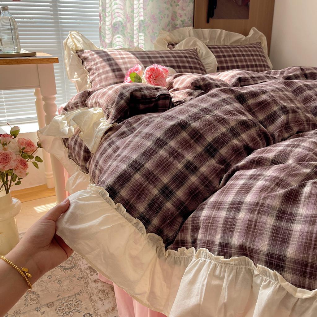 French Retro Plaid Cotton Washed Cotton, Pure Cotton Embroidered Lace Edge Quilt Cover Girl Heart Princess Bed Skirt