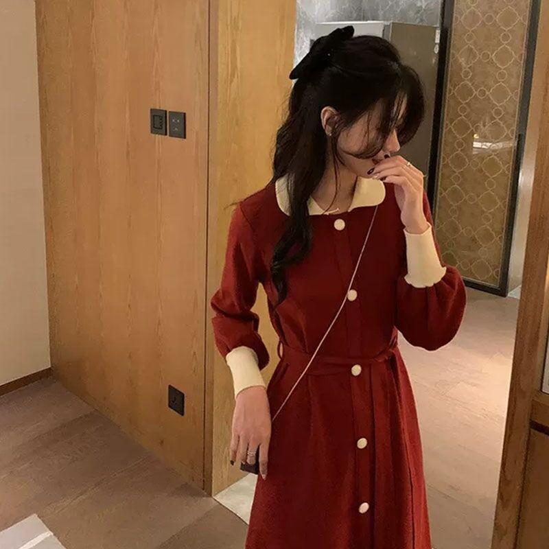 

Christmas red knitted dress for women s autumn and winter with a base royal sister high-end long skirt S красный