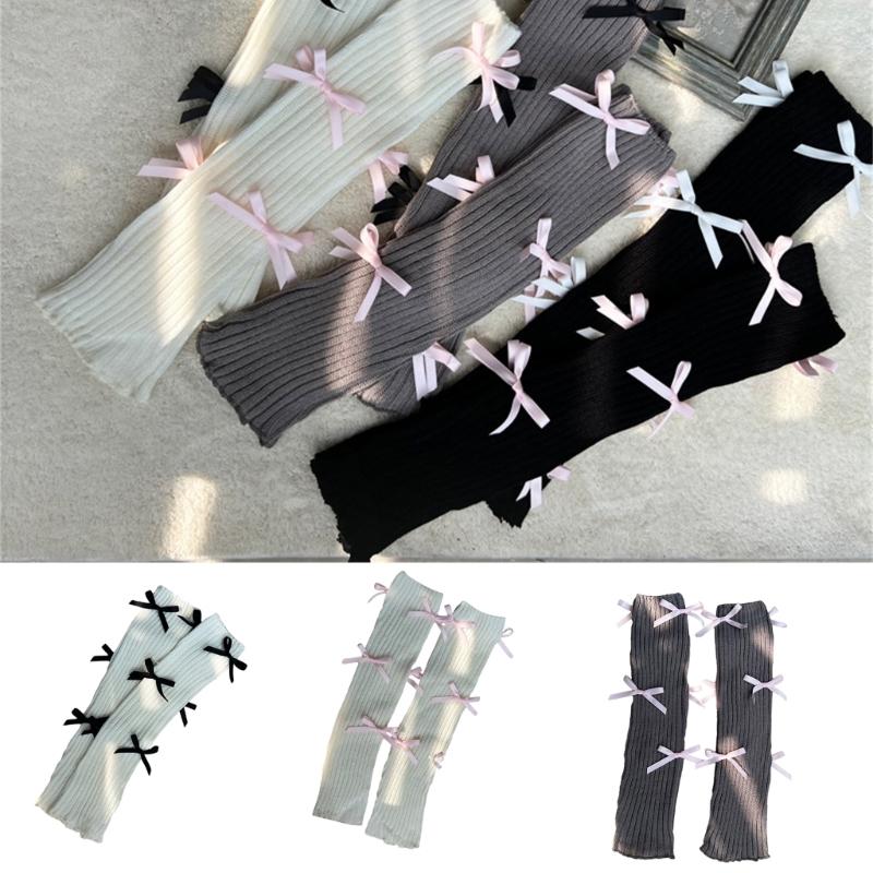 Women Japanese Style JK Girl Ribbed Knitted Leg Warmers Cute Small Bowknot Ruffled Hem Boot Cuffs Leg Cover Long Socks