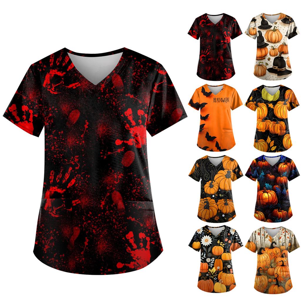 Plus Size Halloween Printed Working Uniform Tops For Women V-Neck Short Sleeve T-Shirts Workwear Tee With Pockets