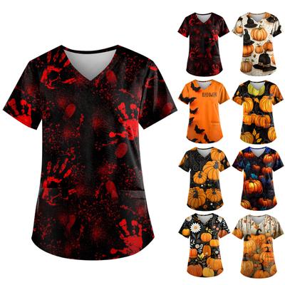 Plus Size Halloween Printed Working Uniform Tops For Women V-Neck Short Sleeve T-Shirts Workwear Tee With Pockets