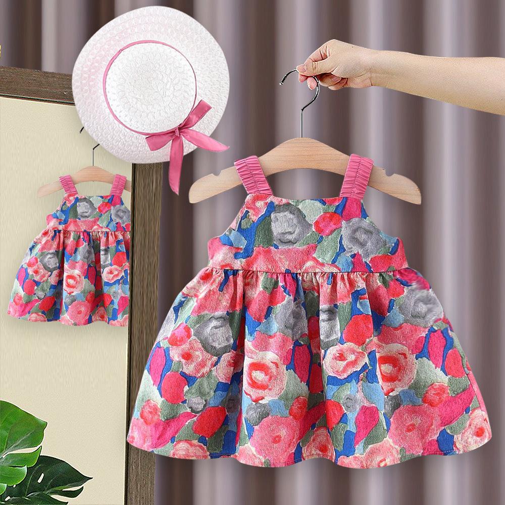 Mädchenkleid Sommerstil Kinder Prinzessin Trägerkleid Babykleid Kinderbekleidung Blumenhut Kleid
