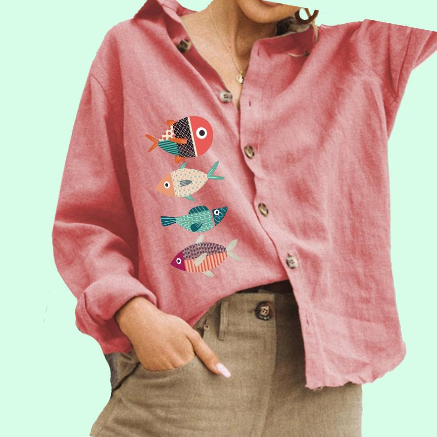 Dame Mote Knapped Skjorte Casual Bomull Lin Topp Damer Fisketrykk Bluse