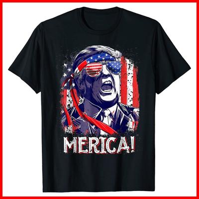 Trump Merica 4 juillet Hommes Garçons Enfants Murica T-shirt en Coton Noir T-shirt Unisexe