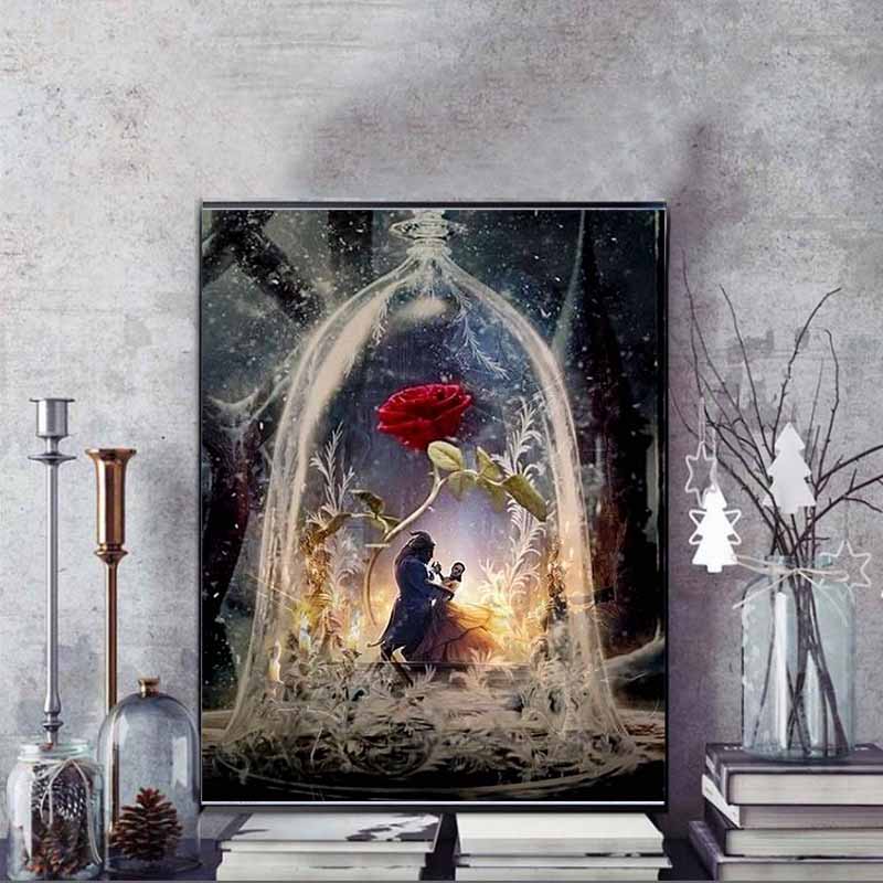Disney 5D DIY Diamond Painting, Beauty and The Beast Magic Rose Theme Illustration Embroidery Mosaic Cross Stitch Home Decor Gift Crafts